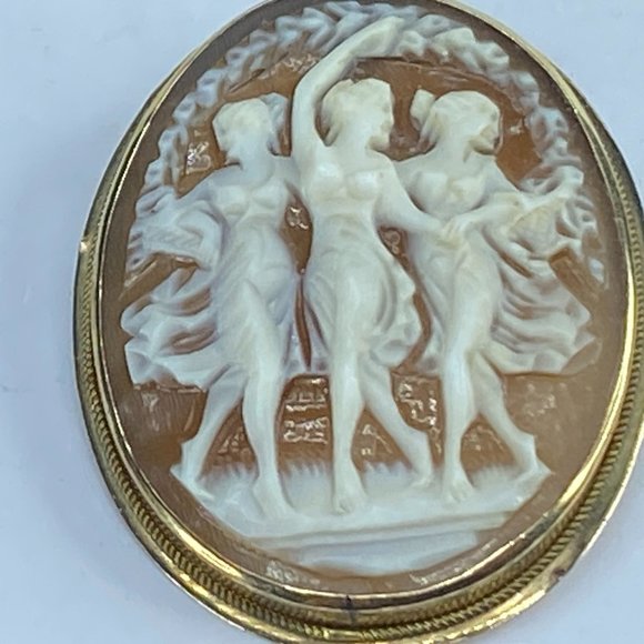 14 karat gold hand carved Three Graces Cameo brooch pendant 40x30mm 4.8g